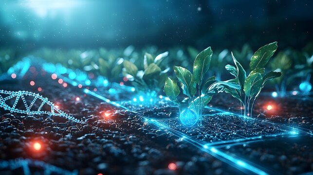 Virtual quantum model analyzing genetic optimization in smart farming featuring glowing holographic crops and DNA strands leaving ample copy space on the left side for text overlay or design elements