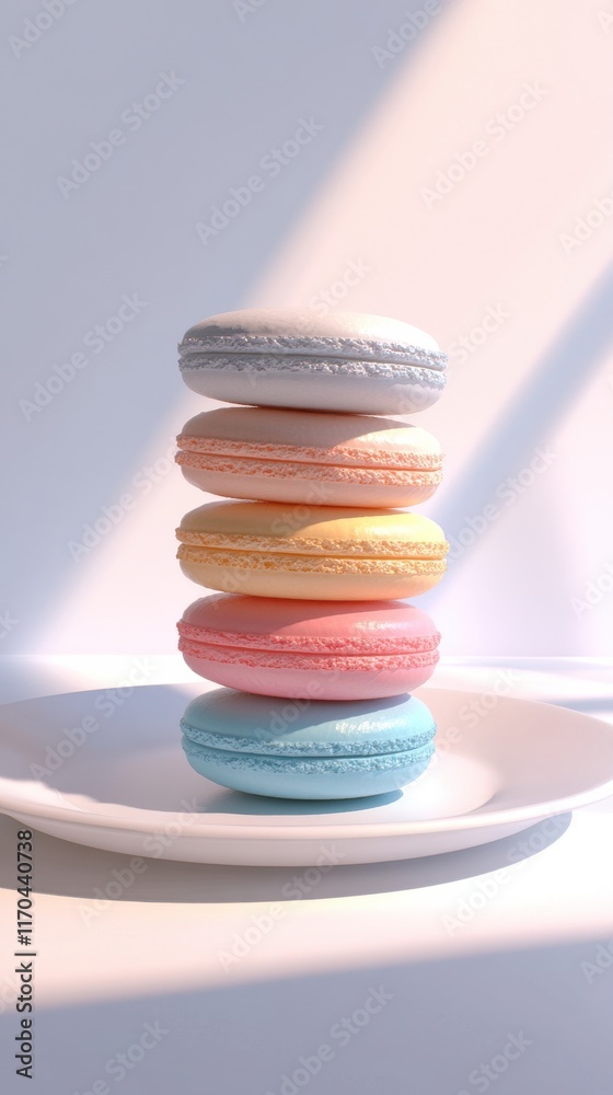 Aufkleber colorful stack of macarons on a plate with soft lighting illuminating the delicate pastries