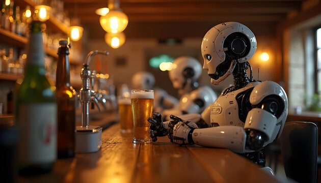 Robot moderno bebiendo cerveza en la barra de un bar