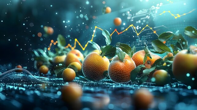 A dynamic holographic simulation showcasing the power of quantum computing in predicting market trends for smart farm produce  Glowing holograms of fruits vegetables