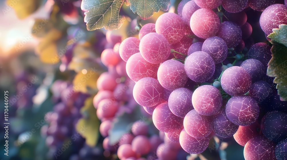 Poster a futuristic smart vineyard managed by quantum computing displaying glowing grape growth patterns an