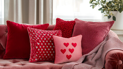 Cozy red and pink throw pillows with heart patterns on sofa
