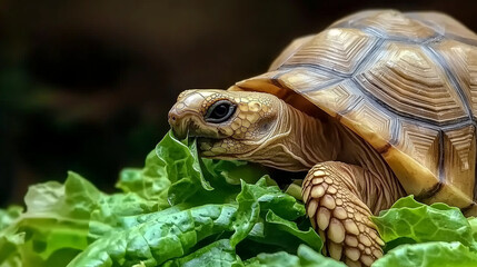 Obraz premium Tortoise Eating Lettuce in Sunny Garden Setting