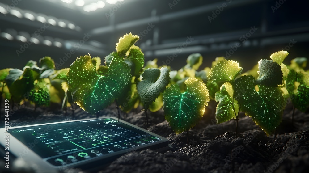Poster a futuristic smart vineyard managed by quantum computing technology displaying glowing grape growth 
