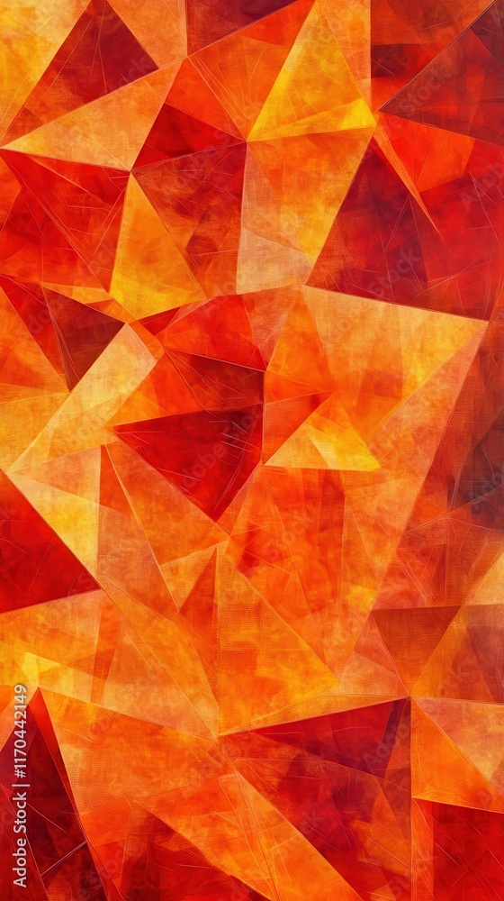 Poster bright and vibrant low-poly triangles in warm hues of orange and red create a lively abstract backgr