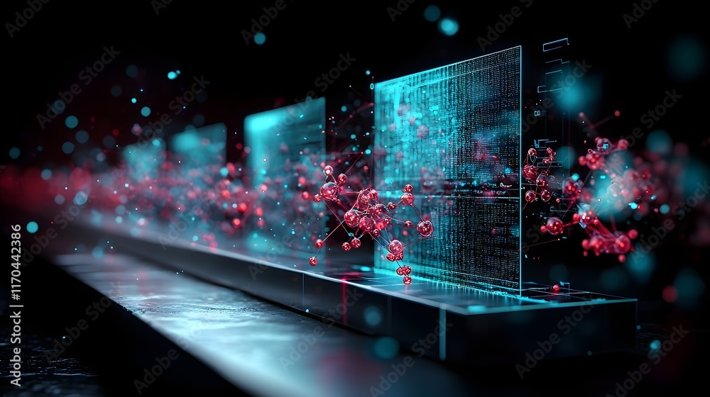 Poster a holographic quantum powered simulation showcasing the efficacy of vaccines with glowing data strea
