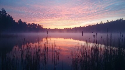 Fototapeta premium Misty sunrise reflecting on tranquil lake, forest backdrop, serene nature scene