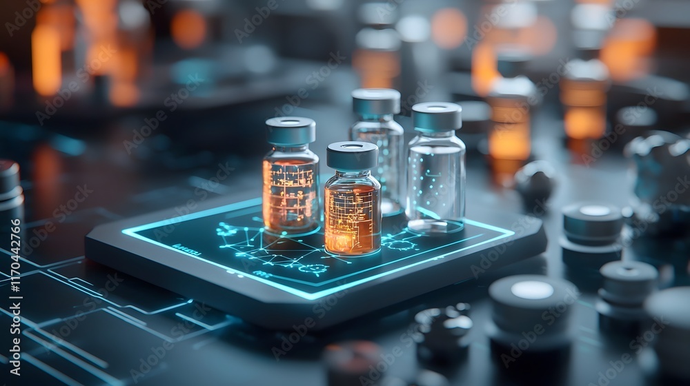 Poster futuristic quantum computing model optimizing vaccine production processes with glowing holographic 