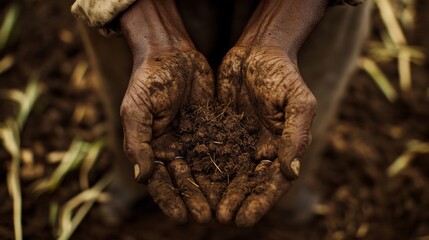 Close-up of dark brown hands cupping rich soil.