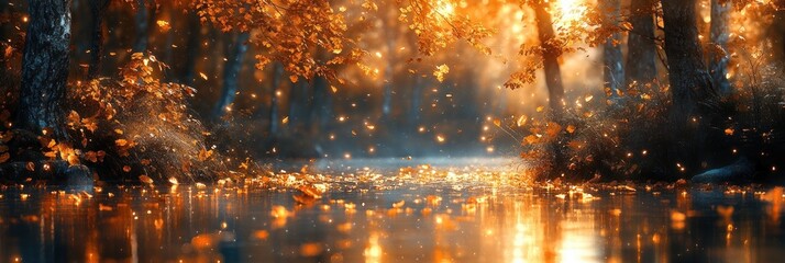 Autumn Scene with Vibrant Fallen Leaves and Raindrops on Water Surface Illuminated by Soft Light