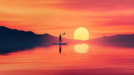 Young man balancing on a surfboard, waiting for the perfect wave under a glowing sunrise, patience, endurance, grace