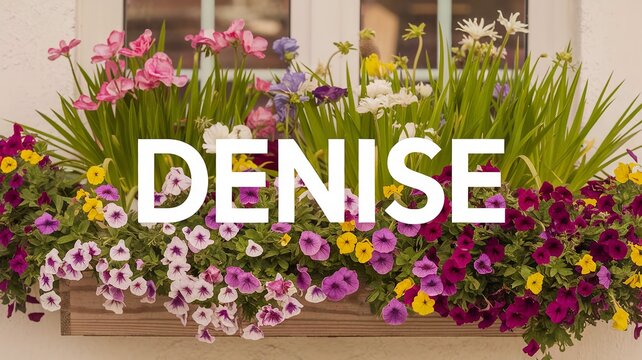 name denise with window box overflowing with vivid flowers and greenery, quaint background