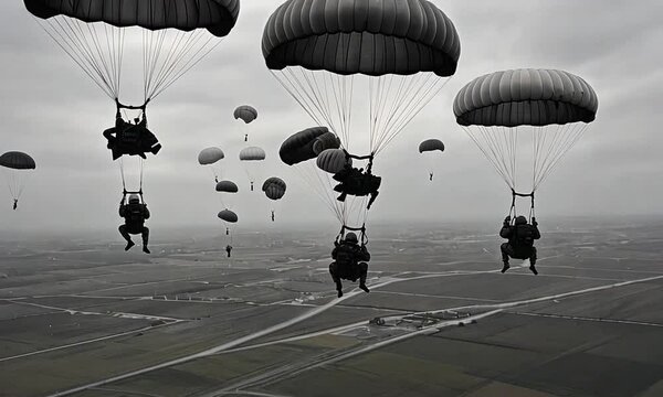 Spectacular Aerial View of Paratroopers Descending Underneath Their Parachutes During a Military Exercise