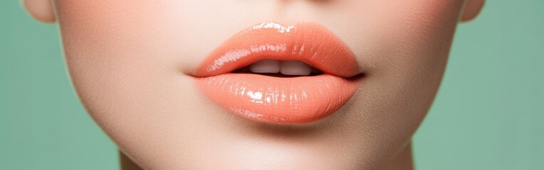 Obraz premium Lips adorned with a soft coral hue against a muted gradient background showcasing contemporary makeup artistry