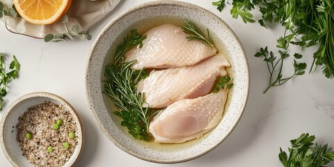 Packaged chicken stock displayed on a kitchen counter with fresh ingredients.
