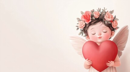 Fototapeta premium Cupid wearing a flower crown holding an oversized heart with a white background