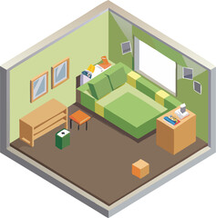 Cube green isometric room vector and illustration