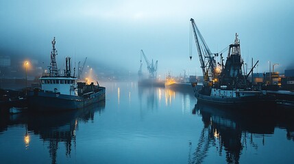 Fototapeta premium Foggy dawn harbor; fishing boats, cranes, industrial port