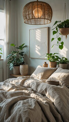 bedroom with eco friendly decor linen bedding in neutral colors