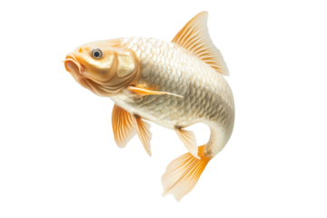 Closeup of fresh common carp fish with detailed scales and fins, isolated on white transparent background, concept of aquatic life