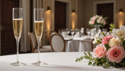 Elegant champagne glasses with decorative flowers in reception hall, celebration