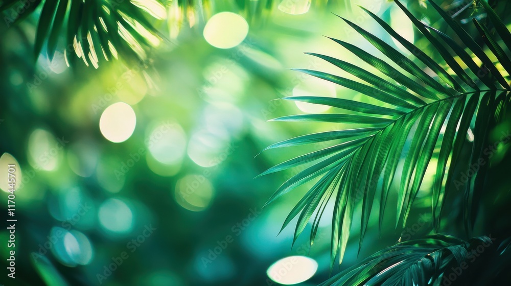 Aufkleber Emerald green and vibrant turquoise bokeh create an enchanting backdrop of tropical palm leaves bathed in soft light
