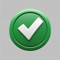 A 3D green circular button featuring a bold white check mark, symbolizing approval, correctness, or completion in a clean and minimal cartoon style."