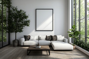 empty black frame on white wall with soft shadow play and modern decor accents