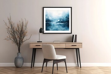 white frame mockup with contemporary chair and simple desk setup below