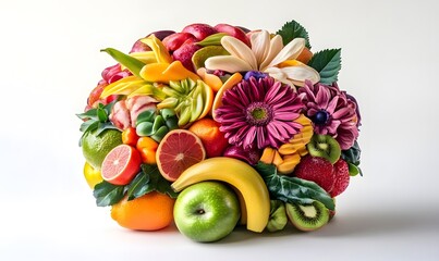 Vibrant fruit and flower sphere arrangement.