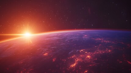 Obraz premium Sunrise over Earth showing city lights and stars