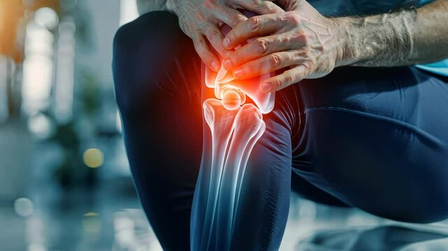 Athlete suffering from knee pain with highlighted joint inflammation, sports injury and arthritis concept in fitness environment