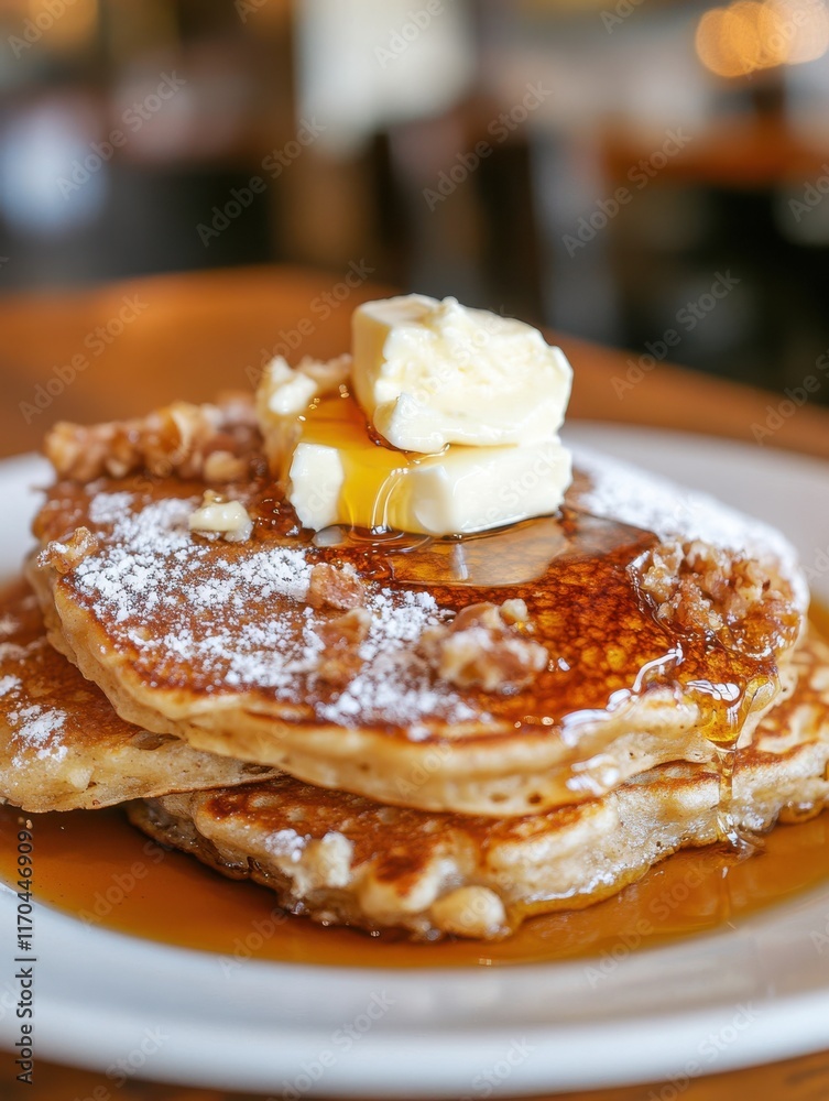 Poster Delicious close-up view of fluffy pancakes topped with butter and maple syrup served on a rustic wooden table