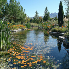 Fototapeta premium Serene garden stream with orange flowers.