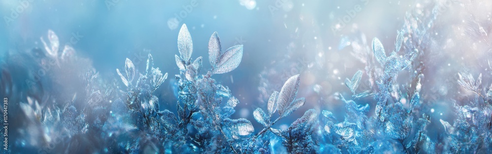 Aufkleber ethereal icy gradient background with shimmering leaves and enchanting light effects