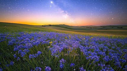 Obraz premium A vibrant field of purple flowers under a starry night sky.