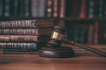 A professional close-up image of a wooden judge's gavel resting on its base, placed on a judge's desk.