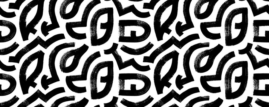 Abstract geometric seamless pattern with bold lines and brush drawn shapes. Hand drawn geometric figures seamless background. Grunge graphic style background with doodle shapes and thick lines.
