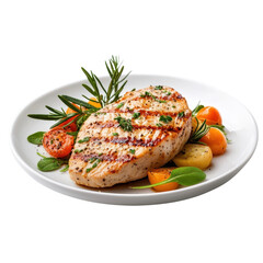 Chicken steak on a plate, isolated on a white background, beautifully presented for an inviting meal. cutout png