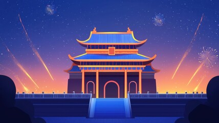 Chinese new year background. Digital illustration of a vibrant temple at sunset with fireworks in the background.