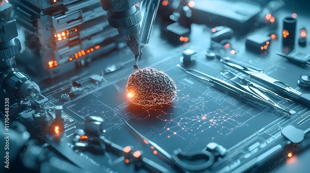 Poster futuristic quantum computing system simulating complex brain tumor removals with glowing 3d neural m