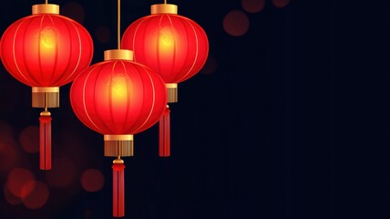 Chinese new year background. Three glowing red lanterns hanging against a dark background, symbolizing celebration and tradition.