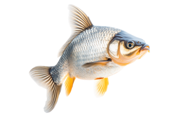 Closeup of fresh Crucian carp fish with detailed scales and fins, isolated on white transparent background, concept of aquatic life