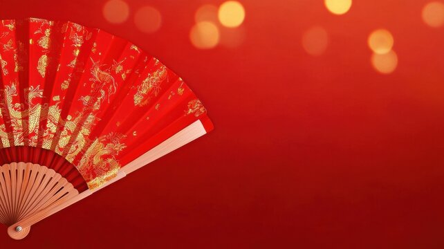 Chinese new year background. Vibrant red fan with golden details against a blurred red background.