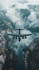 A military aircraft flying through cloudy mountains.