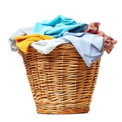 Laundry basket clean clothes cleaning chores housework, clean clothes and Wicker basket with clean laundry isolated on white background
