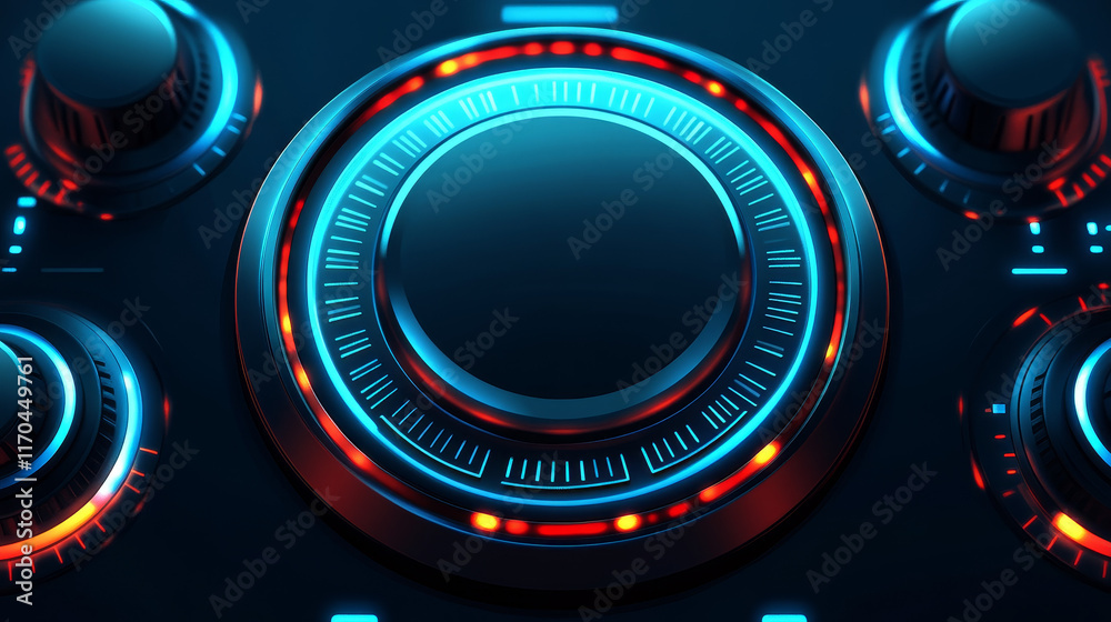 Poster hud dial interface, volume round knob switch and music sound control regulators. vector head up disp