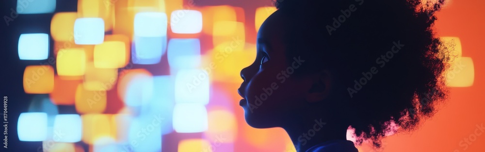 Aufkleber vibrant visualization of a child glowing in a colorful light display during an evening event
