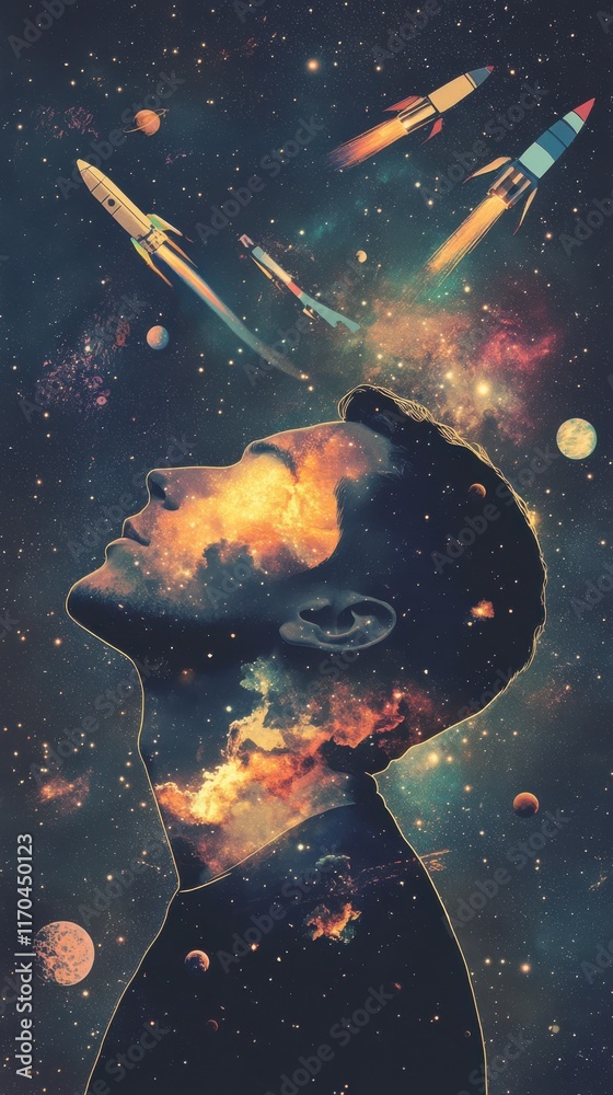 Poster vibrant visualization of a man's profile with cosmic imagery and rockets soaring in a colorful galax