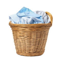 Laundry basket clean clothes cleaning chores housework, clean clothes and Wicker basket with clean laundry isolated on white background